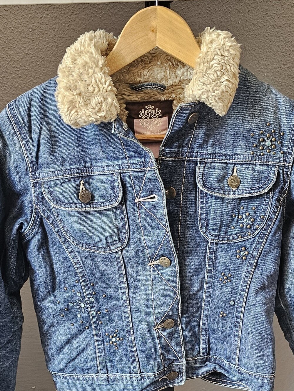 GAP Kids Girls Denim Jacket Sherpa Collar Faux Fur Jeweled Bling Blue XL 12.